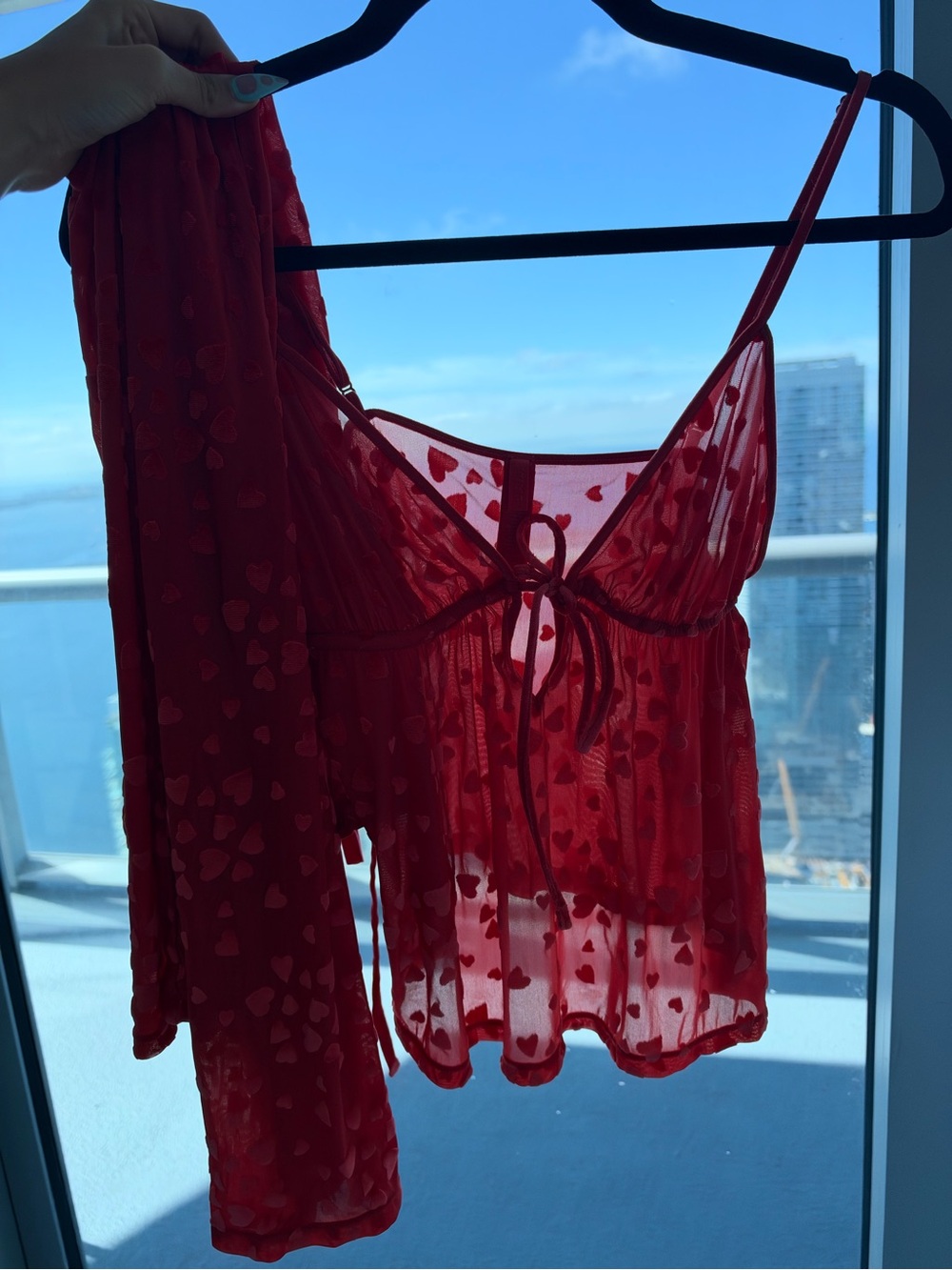 Red Sheer Heart-Print Sleep Camisole and Pants $60